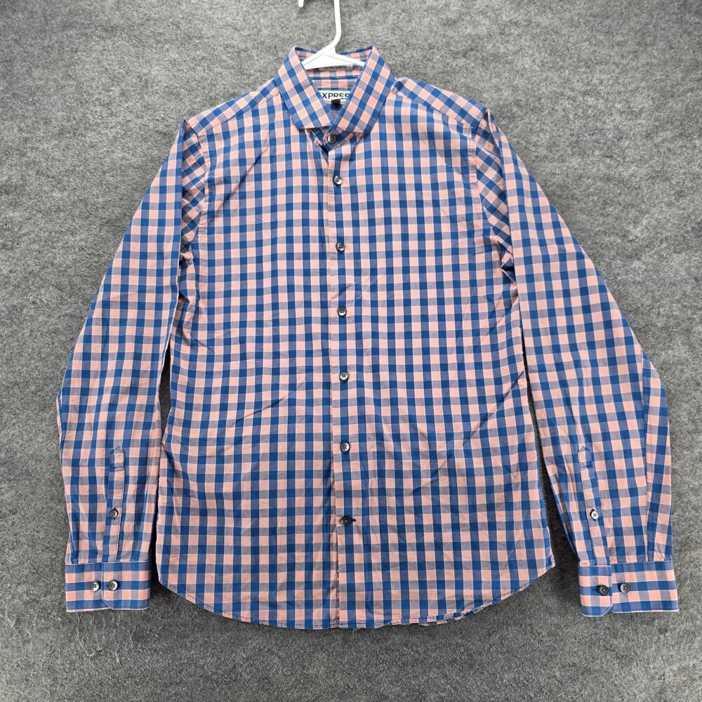 Express Dress Shirt Mens M 15-15.5 Blue Gingham Extra Slim Fit Long Sleeve